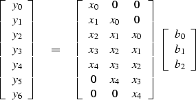 \begin{displaymath}
\left[ 
\begin{array}
{c}
 y_0 \\  
 y_1 \\  
 y_2 \\  
 y_3...
 ...
\begin{array}
{c}
 b_0 \\  
 b_1 \\  
 b_2 \end{array} \right]\end{displaymath}