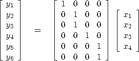 \begin{displaymath}
\left[ 
 \begin{array}
{c}
 y_1 \  
 y_2 \  y_3 \  y_4 \...
 ...{array}
{c}
 x_1 \  
 x_2 \  x_3 \  x_4
 \end{array} \right]\end{displaymath}
