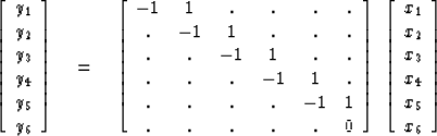 \begin{displaymath}
\left[ \begin{array}
{c}
 y_1 \\  y_2 \\  y_3 \\  y_4 \\  y_...
 ..._1 \\  x_2 \\  x_3 \\  x_4 \\  x_5 \\  x_6
 \end{array} \right]\end{displaymath}