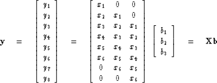 \begin{displaymath}
\bold y \eq
\left[ 
\begin{array}
{c}
 y_1 \\  
 y_2 \\  
 y...
 ..._1 \\  
 b_2 \\  
 b_3 \end{array} \right]
 \eq \bold X \bold b\end{displaymath}