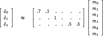 \begin{displaymath}
\left[ 
\begin{array}
{c}
 d_0 \\  
 d_1 \\  
 d_2 
 \end{ar...
 ...m_1 \\  
 m_2 \\  
 m_3 \\  
 m_4 \\  
 m_5
 \end{array}\right]\end{displaymath}