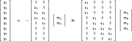 \begin{displaymath}
\left[ 
\begin{array}
{c}
 y_1 \\  
 y_2 \\  
 y_3 \\  
 y_4...
 ...ay}
{c}
 m_1 \\  
 m_4 \\  
 m_5 \\  
 m_6
 \end{array} \right]\end{displaymath}