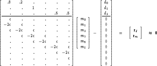 \begin{displaymath}
{ 
\left[ 
\begin{array}
{rrrrrr}
 .8 & .2 & . & . & . & . \...
 ...  
 \bold r_m 
 \end{array} \right] 
\quad \approx \ \bold 0
} \end{displaymath}