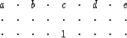 \begin{displaymath}
\begin{array}
{ccccccccc}
 a &\cdot &b &\cdot &c &\cdot &d &...
 ...&\cdot &\cdot &\cdot &1 &\cdot &\cdot &\cdot &\cdot \end{array}\end{displaymath}