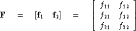 \begin{displaymath}
\bold F \eq [ {\bf f}_1 \quad {\bf f}_2 ] \eq 
\left[ 
\begi...
 ...2} \\  f_{21} & f_{22} \\  f_{31} & f_{32} \end{array} \right] \end{displaymath}