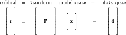 \begin{eqnarray}
{\rm residual}
&=&
{\rm 
\hbox{transform} \ \ \ \ \hbox{model s...
 ...t[
 \matrix { 
 \matrix { \cr \cr \bold d \cr \cr \cr}
 }
 \right]\end{eqnarray}