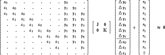 \begin{displaymath}
\left[ 
\begin{array}
{rrrrrrrrrr}
 a_0& . & . & . & . & . &...
 ...r_7 \\  r_8 \\  0
 \end{array} \right] 
\quad \approx \ \bold 0\end{displaymath}