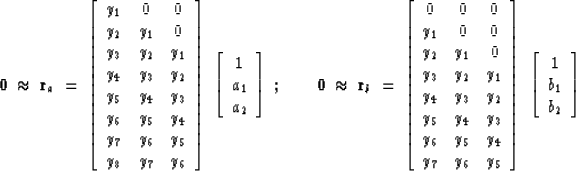 \begin{displaymath}
\bold 0
\ \approx\ \bold r_a \ =\ 
 \left[ 
 \begin{array}
{...
 ... 
 \begin{array}
{c}
 1 \\  
 b_1 \\  
 b_2 \end{array} \right]\end{displaymath}