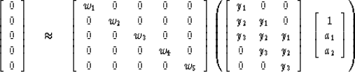 \begin{displaymath}
\left[ 
 \begin{array}
{c}
 0 \\  0 \\  0 \\  0 \\  0
 \end{...
 ...in{array}
{c}
 1 \\  a_1 \\  a_2
 \end{array} \right] 
 \right)\end{displaymath}