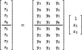 \begin{displaymath}
\left[
\begin{array}
{c}
 r_1 \\  r_2 \\  r_3 \\  r_4 \\  \h...
 ...\left[
\begin{array}
{c}
 1 \\  a_1 \\  a_2 \end{array} \right]\end{displaymath}