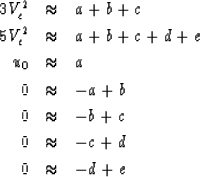 \begin{eqnarray}
3V_c^2 &\approx& a+b+c
\\ 5V_e^2 &\approx& a+b+c+d+e
\\ u_0 &\a...
 ...& -a+b
\\ 0 &\approx& -b+c
\\ 0 &\approx& -c+d
\\ 0 &\approx& -d+e\end{eqnarray}