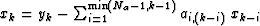 $x_k = y_k - \sum_{i=1}^{\min(N_a-1, k-1)} a_{i,(k-i)} \; x_{k-i}$