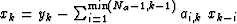 $x_k = y_k - \sum_{i=1}^{\min(N_a-1, k-1)} a_{i,k} \; x_{k-i}$