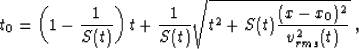 \begin{displaymath}
t_0 = \left( 1 - \frac{1}{S(t)}\right) t + \frac{1}{S(t)}
\sqrt{t^2 + S(t) \frac{(x-x_0)^2}{v_{rms}^2(t)}} \; ,\end{displaymath}