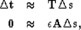 \begin{eqnarray}
\bf \Delta t&\approx&\bf T_{} \bf \Delta s\nonumber \ \bf 0&\approx&\epsilon \bf A\bf \Delta s,\end{eqnarray}