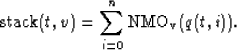 \begin{displaymath}
{\rm stack}(t,v) = \sum_{i=0}^n {\rm NMO_v}(q(t,i)) .\end{displaymath}