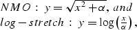 \begin{displaymath}
\begin{array}
{l}
 NMO:\;y = \sqrt {x^2 + \alpha } ,\;and \\...
 ...;y = \log \left( {\frac{x}{\alpha }} \right), \\  
 \end{array}\end{displaymath}