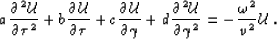 \begin{displaymath}
\ctt \dtwo{\UU}{\qt} +
\ct \done{\UU}{\qt} +
\cg \done{\UU}{\qg} +
\cgg \dtwo{\UU}{\qg} = - \frac{\ww^2}{v^2} \UU \;.\end{displaymath}