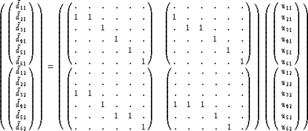 \begin{displaymath}
\pmatrix{
\pmatrix{
\tilde{d}_{11} \cr \tilde{d}_{21} \cr \t...
...r u_{22} \cr u_{32} \cr u_{42} \cr u_{52} \cr u_{62} \cr}
\cr}\end{displaymath}
