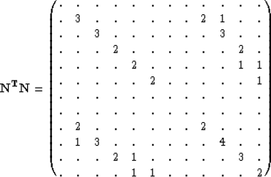 \begin{displaymath}
\bold N^{\bold T}\bold N =
\pmatrix{
. & . & . & . & . & . &...
... & 3 & . \cr
. & . & . & . & 1 & 1 & . & . & . & . & . & 2 \cr}\end{displaymath}