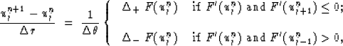 \begin{displaymath}
{{\u^{n+1}_j-\u^n_j} \over {\Delta \r}} \ =\ {1\over{\Delta ...
 ...'(\u^n_j)\ {\rm and}\ F'(\u^n_{j-1}) \gt 0,
 \end{array}\right.\end{displaymath}