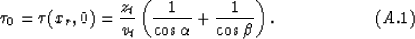 \begin{displaymath}
\tau_0 = \tau(x_r,0)={z_t \over v_t}\left({1 \over \cos \alpha} + 
{1 \over \cos \beta}\right).
\eqno(A.1)\end{displaymath}