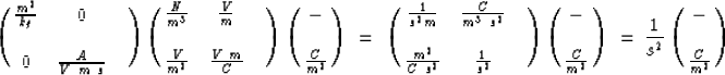 \begin{displaymath}
\pmatrix{ {m^2\over{kg}} & 0 \cr
 & & \cr
 0 & {A\over{V~m~s...
 ...cr}
~=~{1\over {s^2}} 
\pmatrix{ - \cr
 \cr
 {C \over{m^2}}\cr}\end{displaymath}