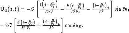 \begin{eqnarraystar}
{\bf U}_{\rm II}( {\bf r}, t ) & = & -C \left[
 {\delta \le...
 ...over V_s} \right )_+ \over R^3}
\right]
\cos \theta {\bf e}_R.\end{eqnarraystar}