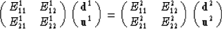 \begin{displaymath}
\pmatrix{E^1_{11}&E^1_{12}\cr
 E^1_{21}&E^1_{22}\cr } 
 \pma...
 ... E^2_{21}&E^2_{22}\cr }
 \pmatrix{{\bf d}^2 \cr
 {\bf u}^2 \cr}\end{displaymath}