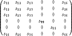 \begin{displaymath}
\pmatrix{s_{11}&s_{12}&s_{13}&0&0&s_{16}\cr
 s_{12}&s_{22}&s...
 ...&0\cr
 0&0&0&0&s_{55}&0\cr
 s_{16}&s_{26}&s_{36}&0&0&s_{66}\cr}\end{displaymath}