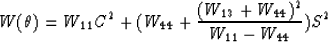 \begin{eqnarray}
W(\theta) = W_{11}C^2 + (W_{44}
+ \frac {(W_{13} + W_{44})^{2}}{W_{11} - W_{44}})S^{2}\end{eqnarray}