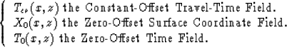 \begin{displaymath}
\left \{ \begin{array}
{l}
T_{co}(x,z) \mbox{ the Constant-O...
..._0(x,z) \mbox{ the Zero-Offset Time Field. }\end{array} \right.\end{displaymath}