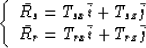 \begin{displaymath}
\left \{ \begin{array}
{l}
\bar{R_s}=T_{sx}\bar{i}+T_{sz}\bar{j} \\ \bar{R_r}=T_{rx}\bar{i}+T_{rz}\bar{j}\end{array} \right.\end{displaymath}