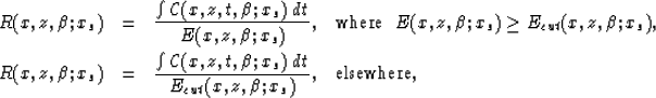 \begin{eqnarray}
R(x,z,\beta;x_s) & = & {\int {\cal C}(x,z,t,\beta;x_s) \; dt
\o...
 ...x_s) \; dt
\over E_{cut}(x,z,\beta;x_s)}, \;\;\;
\mbox{elsewhere,}\end{eqnarray}