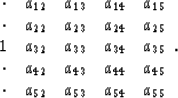 \begin{displaymath}
\begin{array}
{ccccc}
 \cdot & a_{12} & a_{13} & a_{14} & a_...
 ...{45} \\  \cdot & a_{52} & a_{53} & a_{54} & a_{55} \end{array}.\end{displaymath}