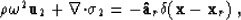 \begin{displaymath}
\rho \omega^2 \u_2 + \nabla{\bf \cdot}{\mbox{$\boldmath\sigma$}}_2 = -{\bf \hat{a}}_r \delta({\bf x}-{\bf x}_r) \;, \end{displaymath}