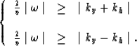 \begin{displaymath}
\left \{
\begin{array}
{lcl}
{2 \over v}\mid \omega \mid & \...
 ...mid \omega \mid & \geq & \mid k_y-k_h \mid .\end{array}\right .\end{displaymath}