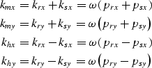 \begin{eqnarray}
k_{mx}= {k_{rx}+ k_{sx}} = \omega \left(p_{rx}+ p_{sx}\right) \...
 ...k_{ry}- k_{sy}} = \omega \left(p_{ry}- p_{sy}\right) \nonumber \\ \end{eqnarray}