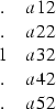 \begin{displaymath}
\begin{array}
{cc}
. & a12 \\ . & a22 \\ 1 & a32 \\ . & a42 \\ . & a52 \end{array}\end{displaymath}