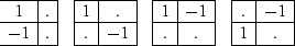 $\begin{array}
{cccc}
\begin{array}
{\vert c\vert c\vert}
\hline
1 & . \\ \hline...
 ...rt c\vert c\vert}
\hline
. & -1 \\ \hline
1 & . \\ \hline\end{array}\end{array}$