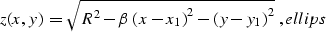 \begin{displaymath}
z(x,y)=\sqrt{R^2-\beta\,\left(x-x_1\right)^2-\left(y-y_1\right)^2}\;,
\EQNLABEL{ellips}\end{displaymath}