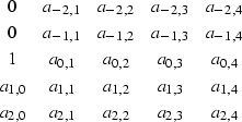 \begin{displaymath}
\begin{array}
{ccccc}
 0 & a_{-2,1} & a_{-2,2} & a_{-2,3} & ...
 ...  a_{2,0} & a_{2,1} & a_{2,2} & a_{2,3} & a_{2,4} 
 \end{array}\end{displaymath}