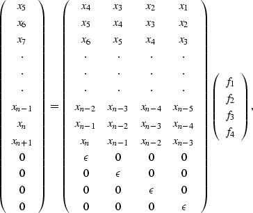 \begin{displaymath}
\left(
\begin{array}
{c}
 x_5 \\  x_6 \\  x_7 \\  \cdot \\  ...
 ...gin{array}
{c}
 f_1 \\  f_2 \\  f_3 \\  f_4\end{array} \right),\end{displaymath}