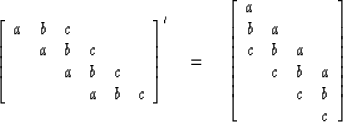 \begin{eqnarray}
\left[
 \begin{array}
{cccccc}
 a& b& c& & & \\  & a& b& c& & \...
 ...c& b& a& \\  & c& b&a \\  & & c&b \\  & & &c 
 \end{array} \right]\end{eqnarray}