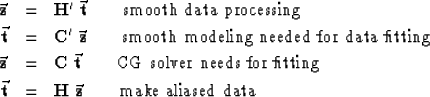 \begin{eqnarray}
\vec {\bold z} &=& \bold H' \; \vec {\bold t}
 \quad\quad {\rm ...
 ... &=& \bold H\ \vec {\bold z}
 \quad\quad {\rm make\ aliased\ data}\end{eqnarray}