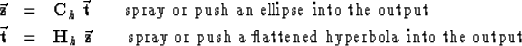 \begin{eqnarray}
\vec {\bold z} &=& \bold C_h\ \vec {\bold t}
 \quad\quad {\rm s...
 ... {\rm spray\ or\ push\ a\ flattened\ hyperbola\ into\ the\ output}\end{eqnarray}