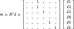 \begin{displaymath}
m = N'd = \left[ \begin{array}
{cccccc}
 . & . & 1 & . & . &...
 ...
 d1 \\  d2 \\  d3 \\  d4 \\  d5 \\  d6 \\  \end{array} \right]\end{displaymath}