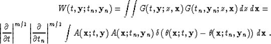 \begin{eqnarray}
 W (t, \bold{y}; t_n, \bold{y}_n) = \int\!\!\int
 G (t, \bold{y...
 ...{y} ) -
 \theta(\bold{x};t_n,\bold{y}_n) \right) \,
 d \bold{x}\;.\end{eqnarray}