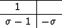 \begin{displaymath}
 \begin{array}
{\vert c\vert c\vert}
 \hline
 1 & \\  \hline
 \sigma-1 & -\sigma \\  \hline
 \end{array}\end{displaymath}