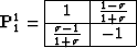 \begin{displaymath}
 \bold{P}_1^1 =
 \begin{array}
{\vert c\vert c\vert}
 \hline...
 ... \hline
 \frac{\sigma-1}{1+\sigma} & -1 \\  \hline
 \end{array}\end{displaymath}